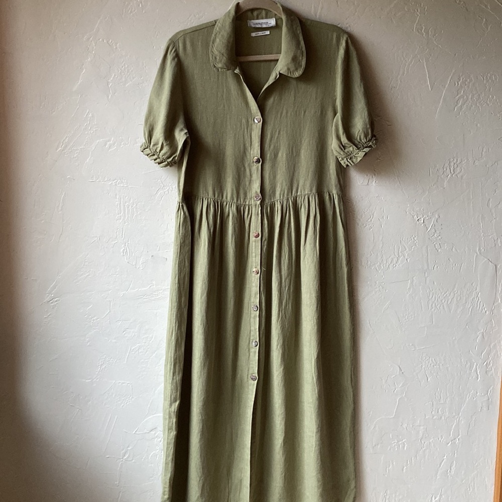 ZARA KHAKI LINEN MIDI SHIRT DRESS S
